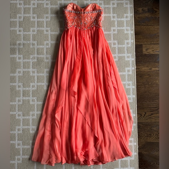 Sparkle Beaded Strapless Chiffon Gown Coral Embellished Formal Prom Dress 6 - Picture 7 of 16